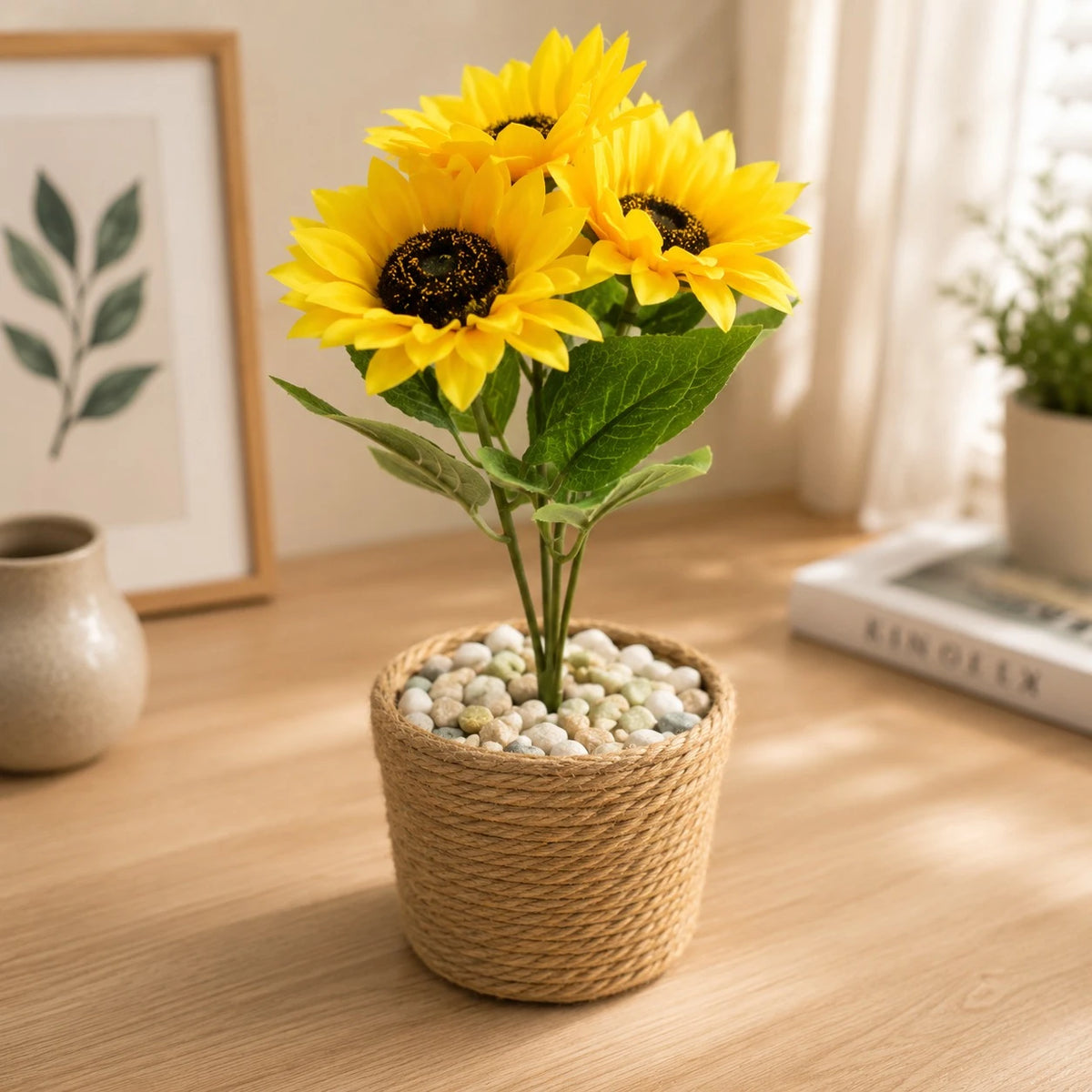 Artificial Sunflower Potted Plant Decorative Floral Arrangement Tabletop Home Office Decor Yellow Flowers
