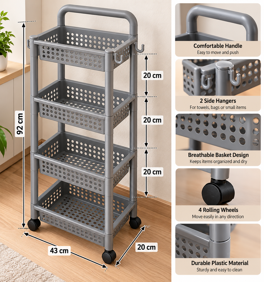 4 Tier Plastic Rolling Storage Rack