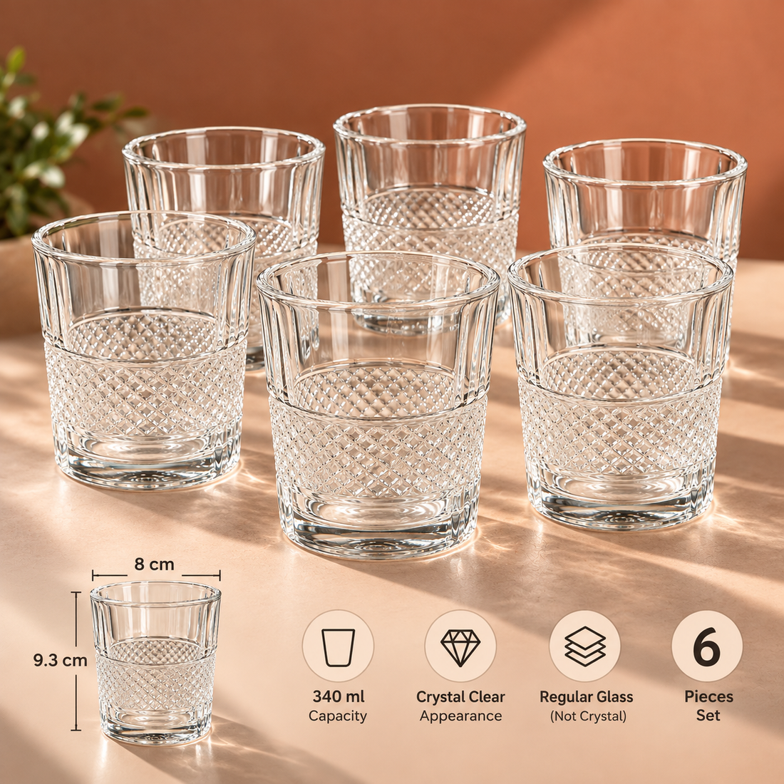 Crystal Clear Textured Glass Cups Set of 6