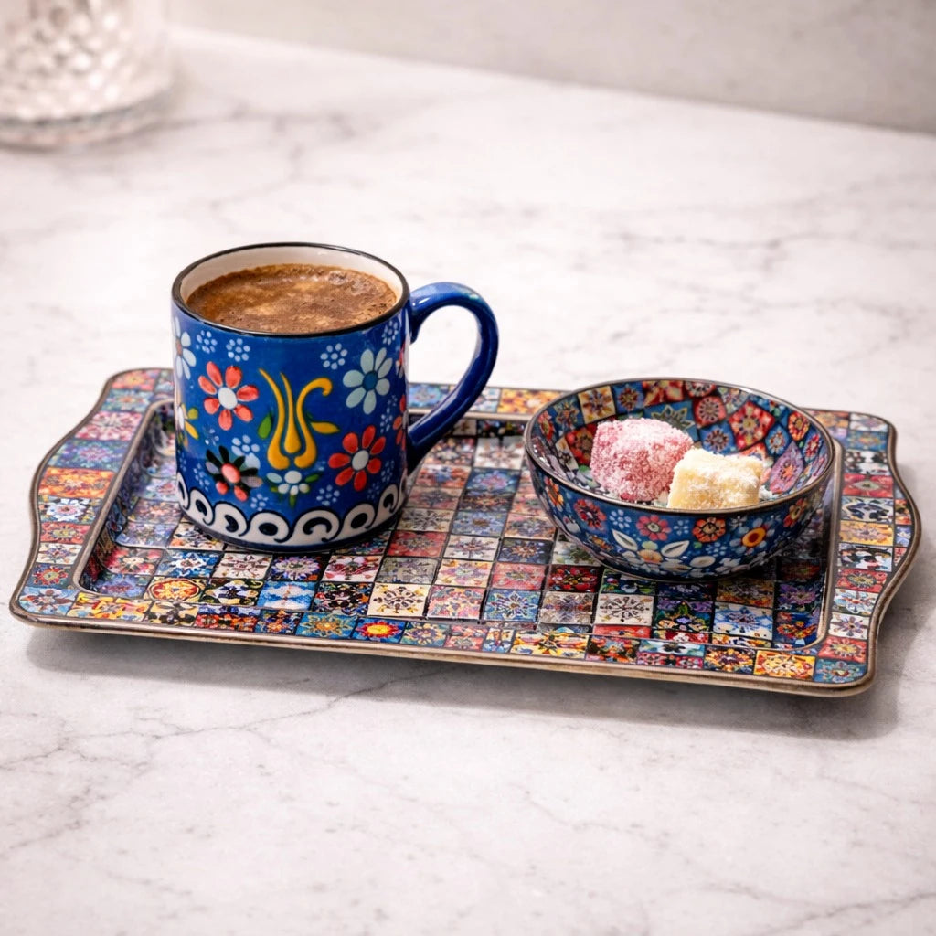 Turkish Coffee Serving Set Metal Tray Ceramic Cup Mandala Coffee Tea Serving Set Ottoman Floral Decorative Tray Set - Image 10