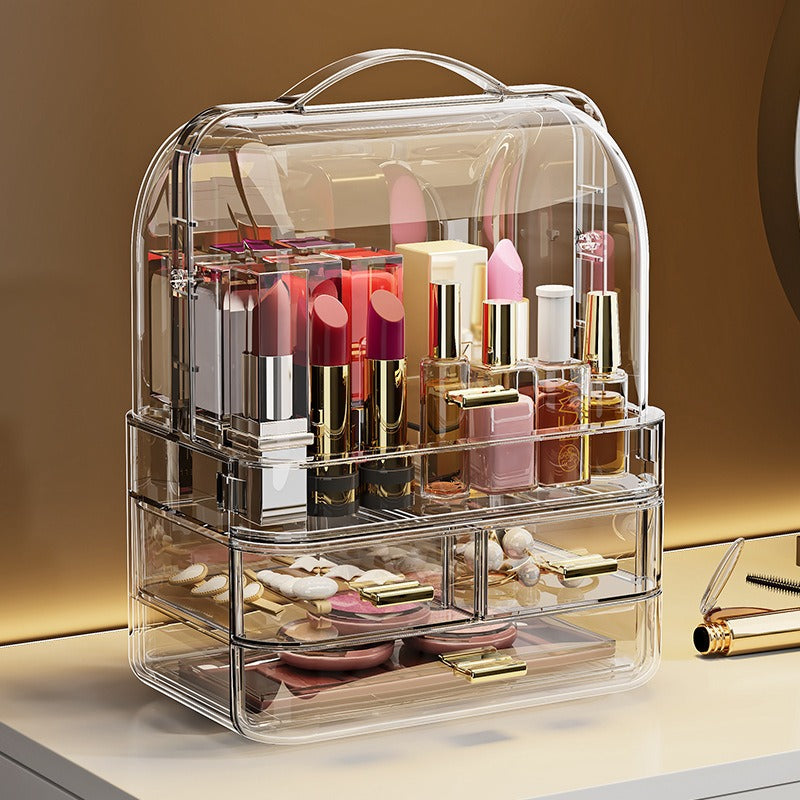 Transparent Makeup Cosmetic Organizer with Dustproof Cover Drawers Carry Handle Vanity Storage Box
