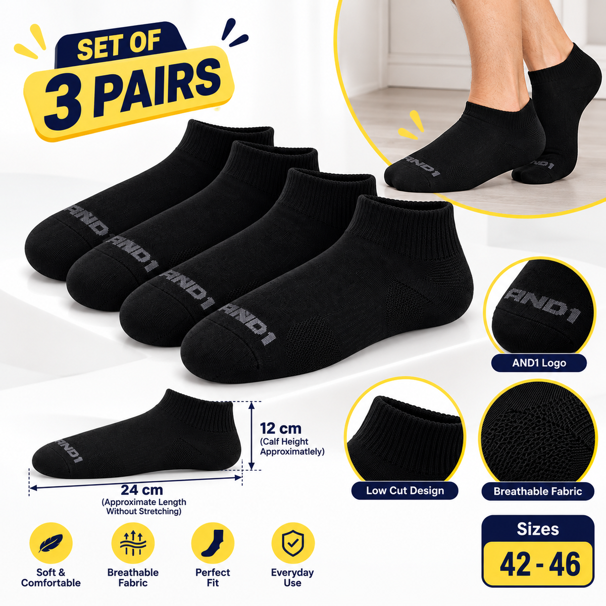 AND1 Low Cut Black Socks – Set of 3 Pairs
