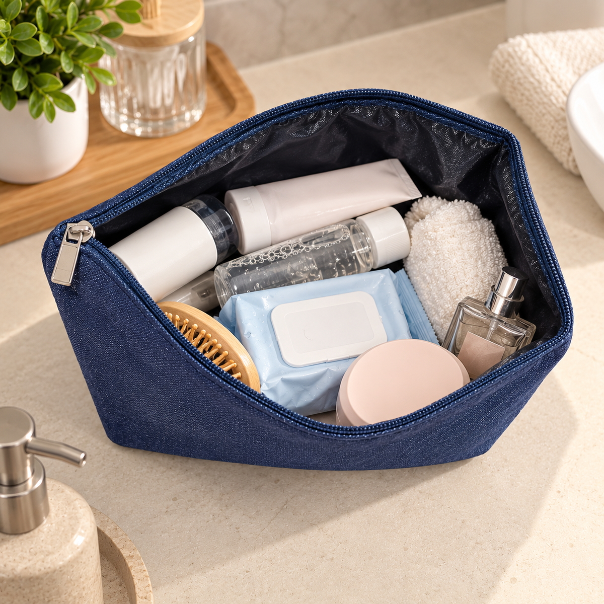 Water Resistant Cotton Linen Toiletry Pouch with Zipper