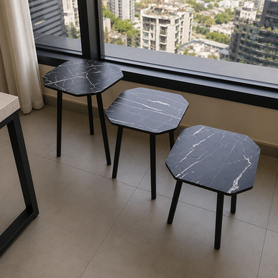 3 Piece Nesting Side Table Set with Wooden Top Aluminum Legs Modern Living Room Coffee Tables