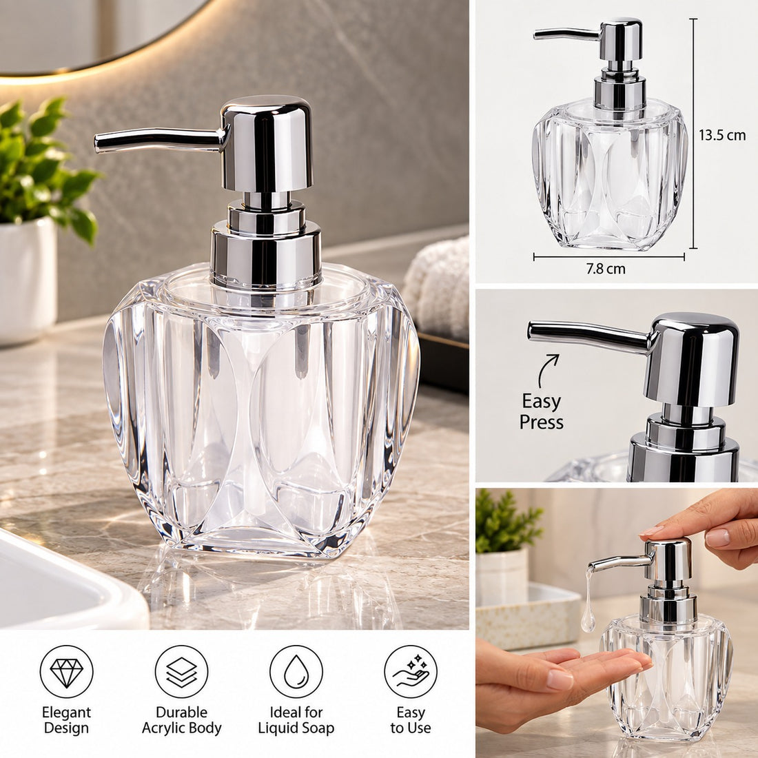 Clear Acrylic Liquid Soap Dispenser with Chrome Pump 220 ml