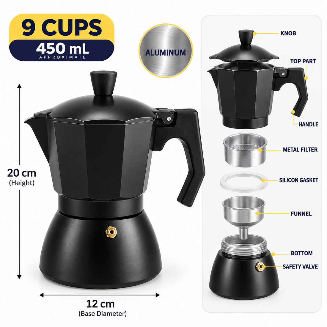 9 Cup Aluminum Stovetop Espresso Coffee Maker 450 mL