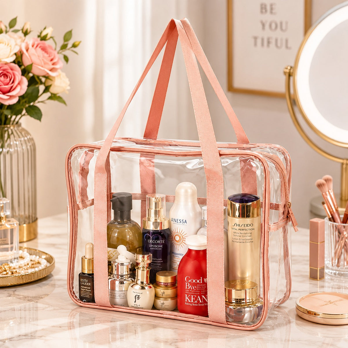 Clear Transparent School Storage Bag with Pink Handles & Metal Zipper Multipurpose Organizer for Stationery Travel Beauty & Personal Care