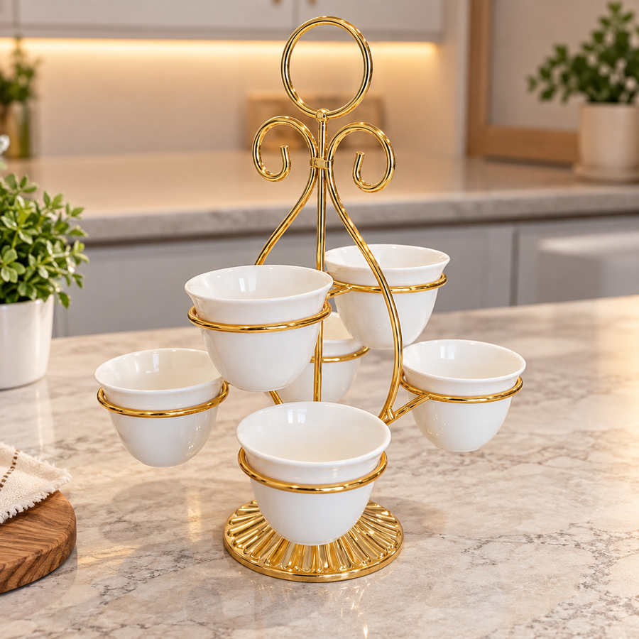 Elegant Gold Coffee Cup Serving Stand with 6 Removable Cups