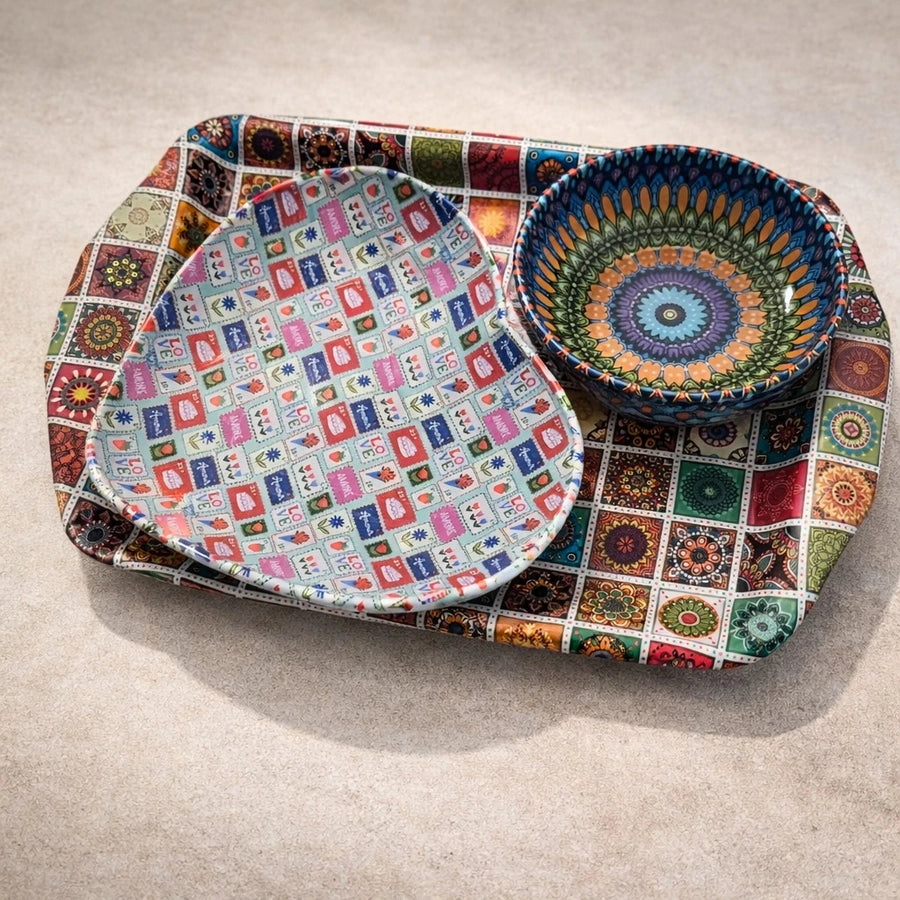 Turkish Metal Serving Tray Set Heart Bowl Saucer Mandala Mosaic Design Coffee Sweet Serving Set Assorted