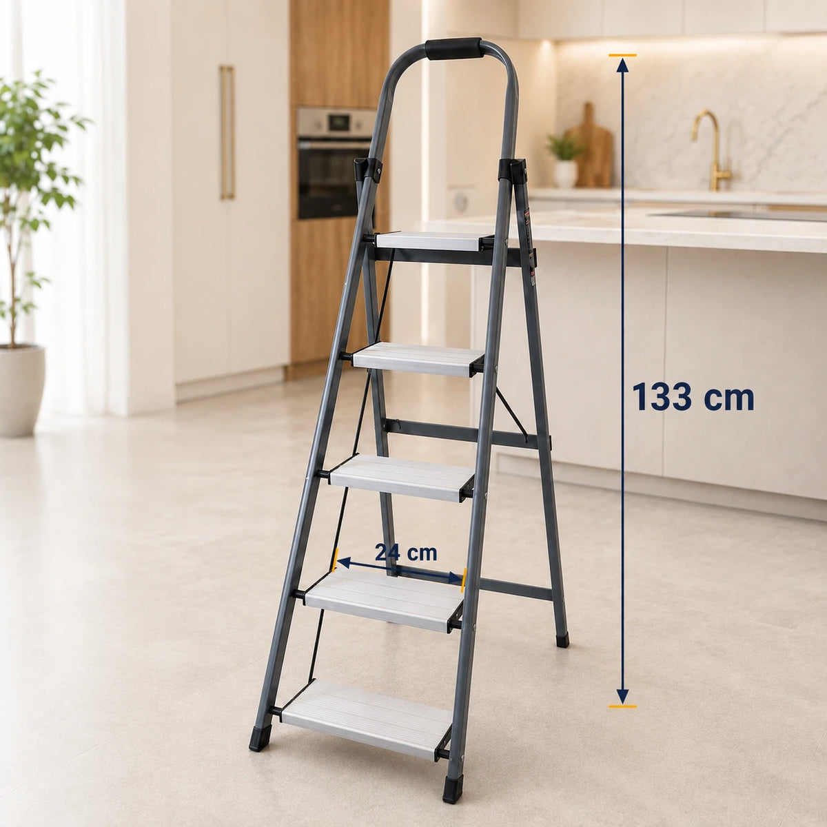 5 Step Folding Ladder with Padded Safety Handle Wide Anti Slip Steps & Rubber Feet
