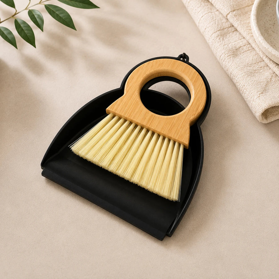 Mini Dustpan Brush Set Bamboo Handle Desktop Cleaning Brush