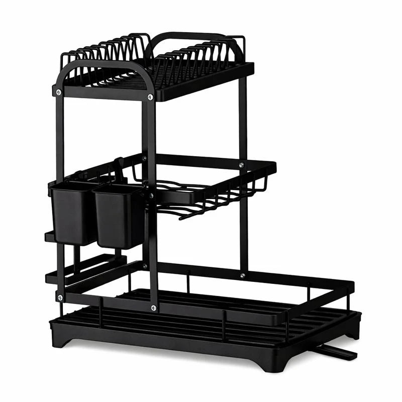 3-Tier Metal Dish Drying Rack with Drain Tray, Utensil Holder & Cup Storage – Black - Image 7