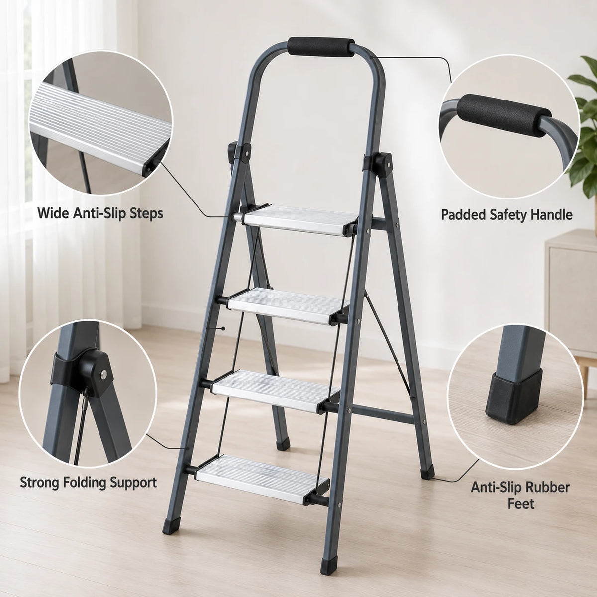 4 Step Folding Ladder with Wide Anti Slip Steps Padded Safety Handle & Rubber Feet