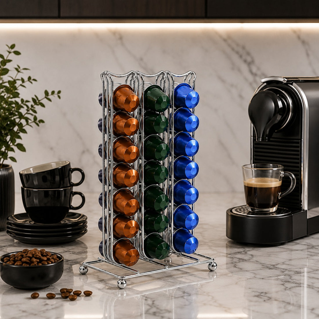 42 Capsule Coffee Pod Holder Nespresso Compatible Vertical Chrome Storage Organizer