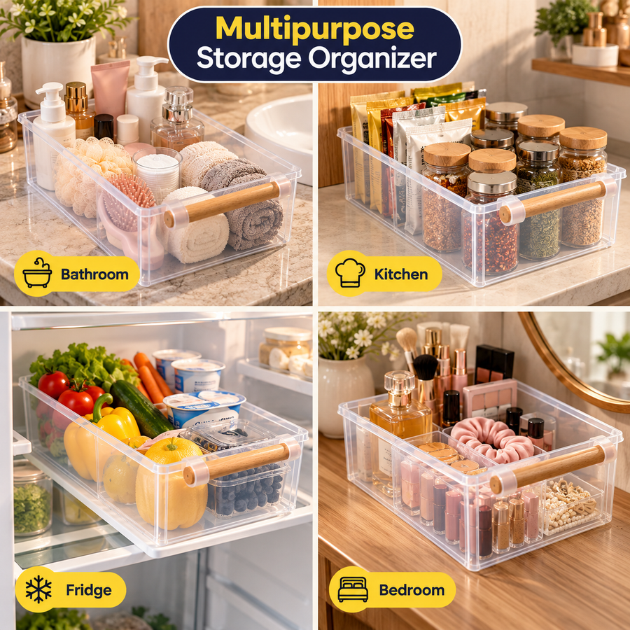 Clear Multipurpose Storage Organizer with Wooden Handle