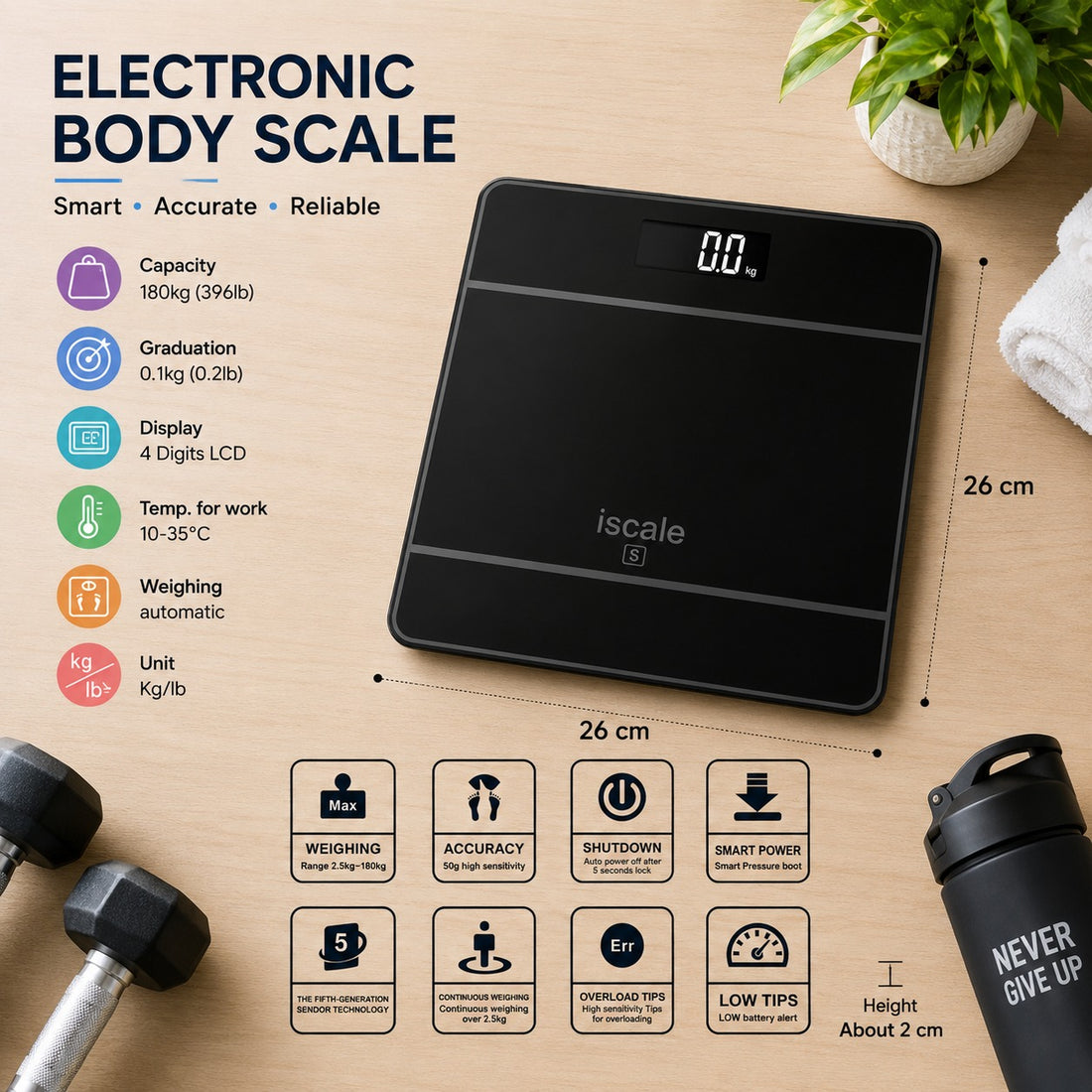 Electronic Digital Body Weight Scale 180 kg High Precision LCD Display with Automatic Step On Activation – Black