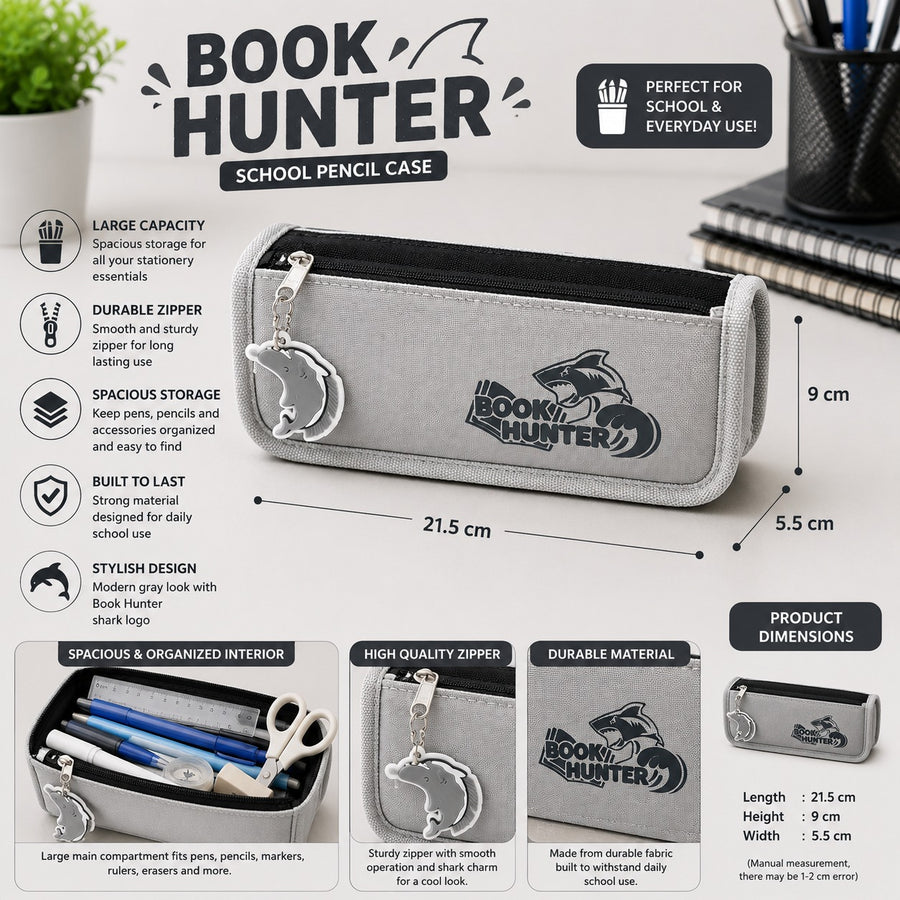Book Hunter School Pencil Case Large Capacity Stationery Organizer with Zipper Shark Design