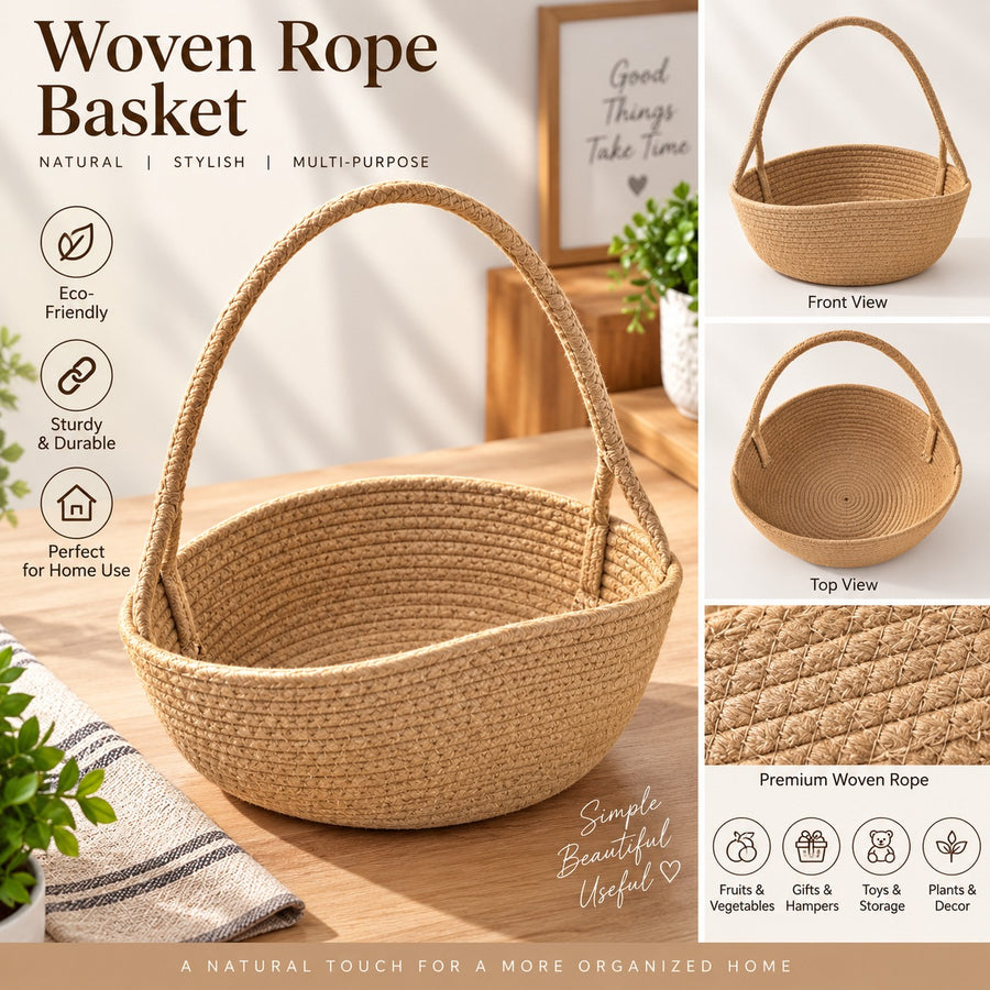 Woven Rope Basket with Long Handle for Home Storage & Organization