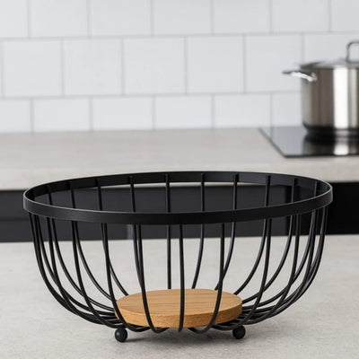 Multi Purpose Modern Wire Basket, Wooden Base