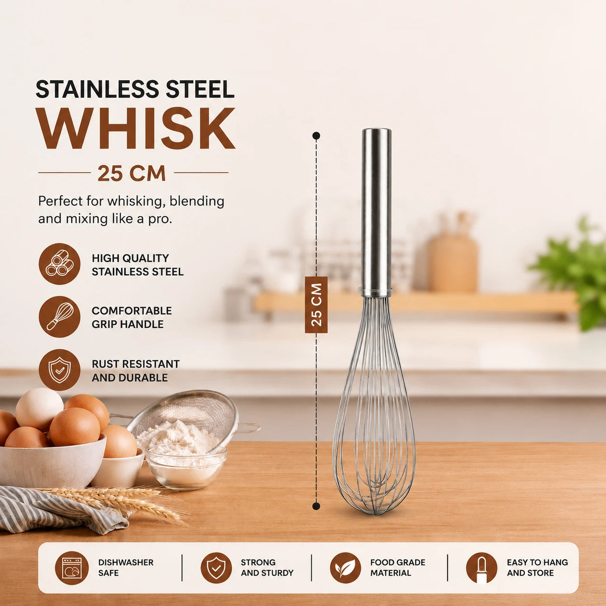 Stainless Steel Whisk Kitchen Egg Beater Mixing Whisk Baking Tool 25CM