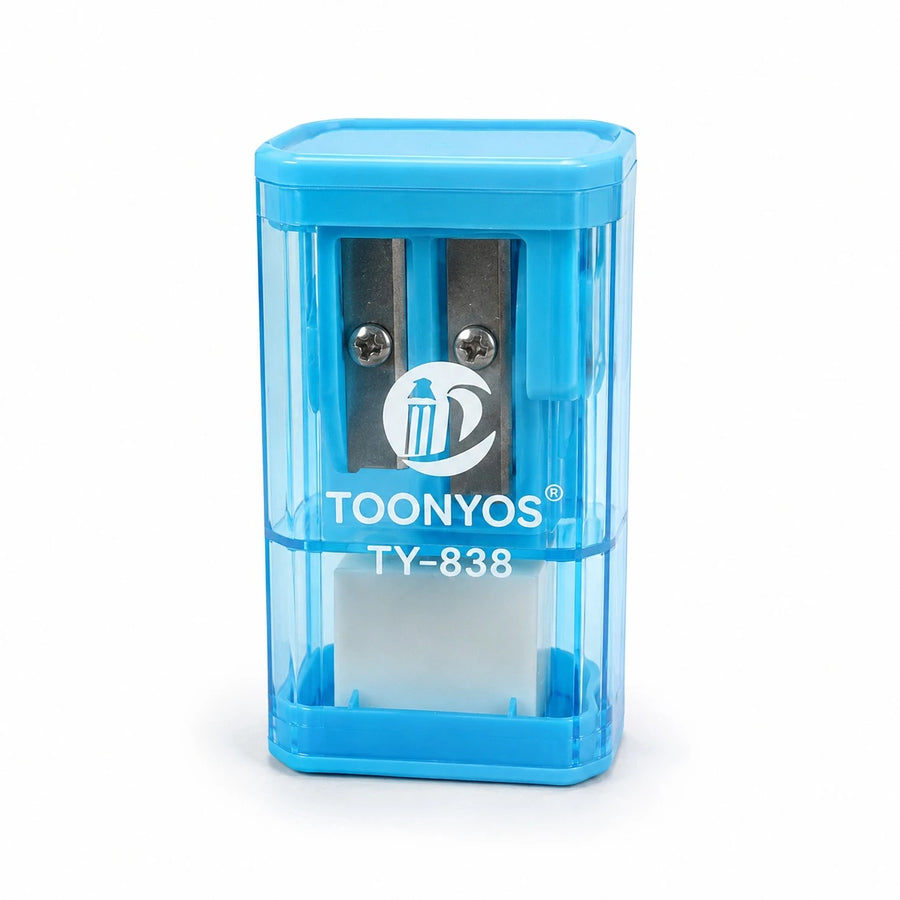 Double Hole School Pencil Sharpener with Shavings Container Eraser & Back Mirror