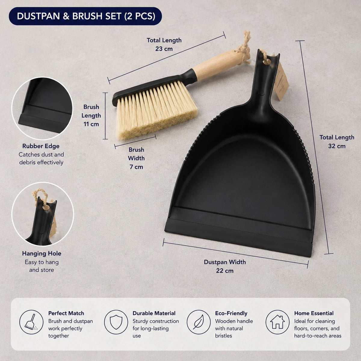 Dustpan and Brush Set 2 PCS Hand Broom Cleaning Set with Wooden Handle Rubber Edge Gray White