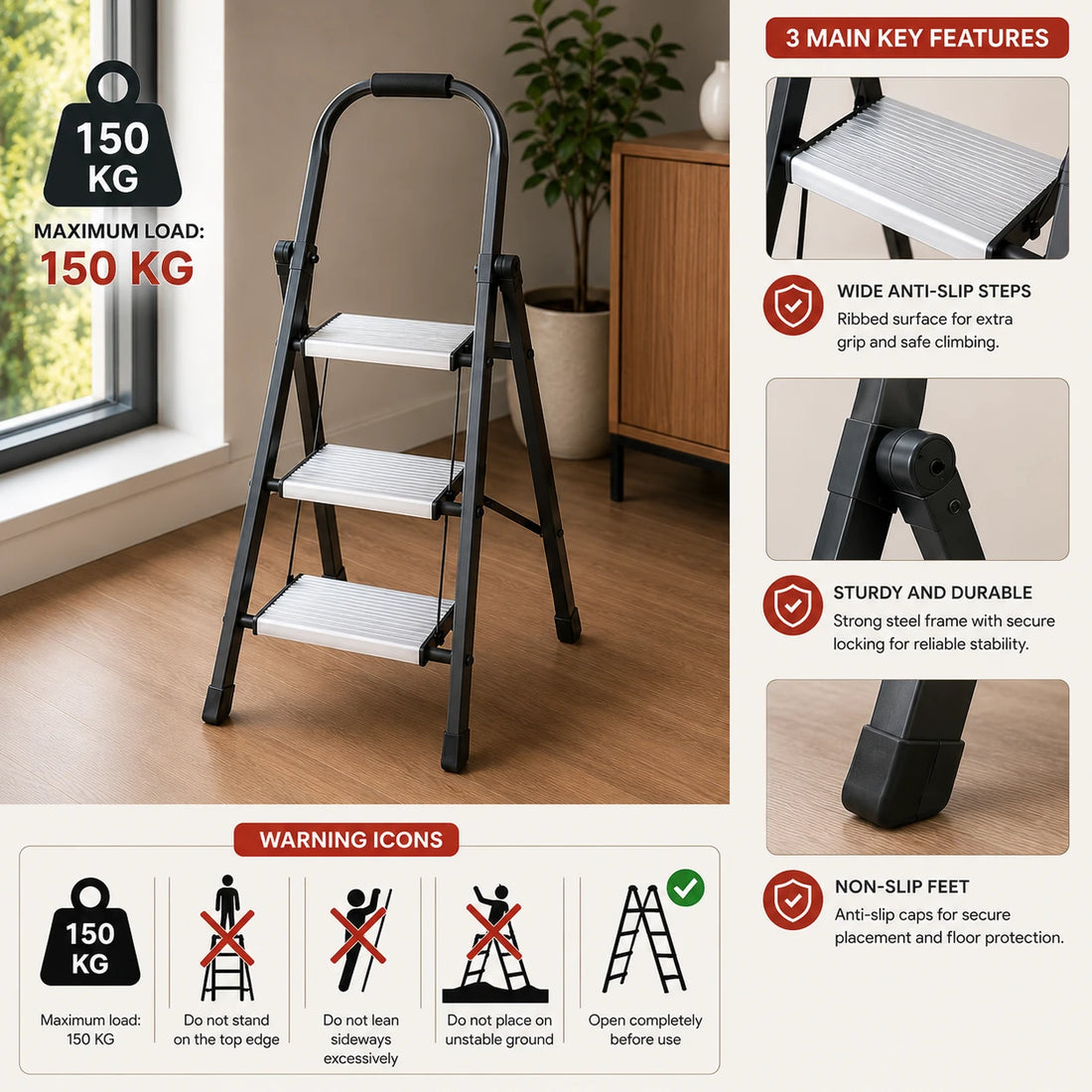 Ladder Aluminium Three Step Folding Ladder Heavy Duty Steel Step Stool Anti Slip Portable Home Ladder
