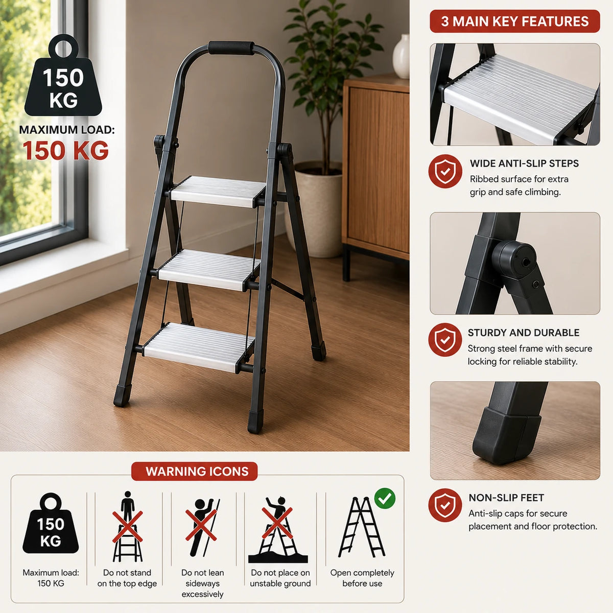 Ladder Aluminium Three Step Folding Ladder Heavy Duty Steel Step Stool Anti Slip Portable Home Ladder