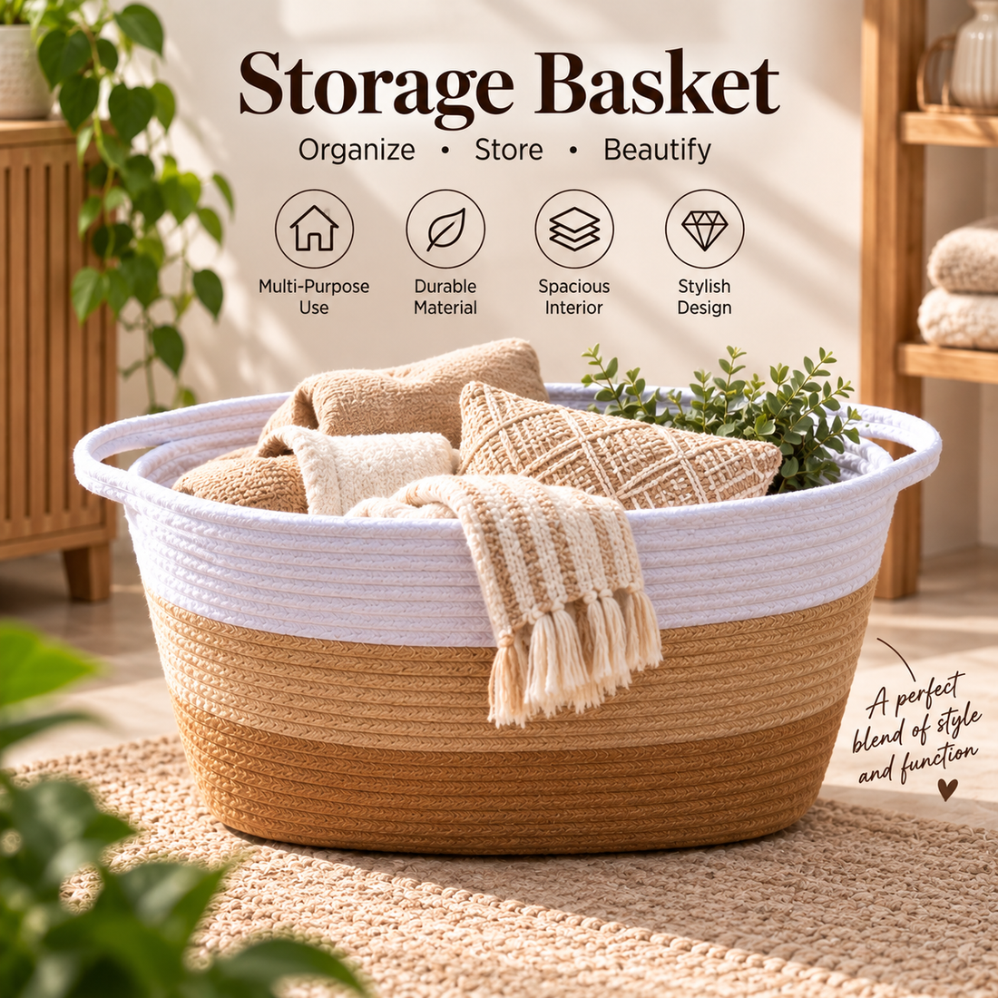 Two Tone Woven Storage Basket with Handles 42 cm