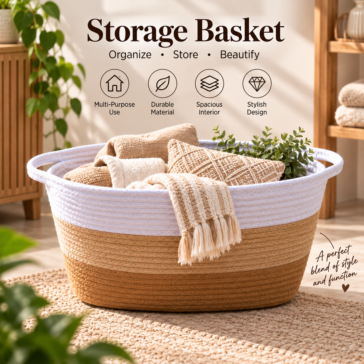 Two Tone Woven Storage Basket with Handles 42 cm