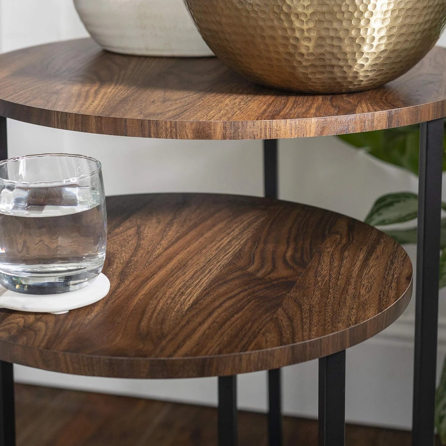 Dark Walnut Coffee Table Set of 3 Modern Round Metal Base Nesting Accent Tables Living Room Side Tables