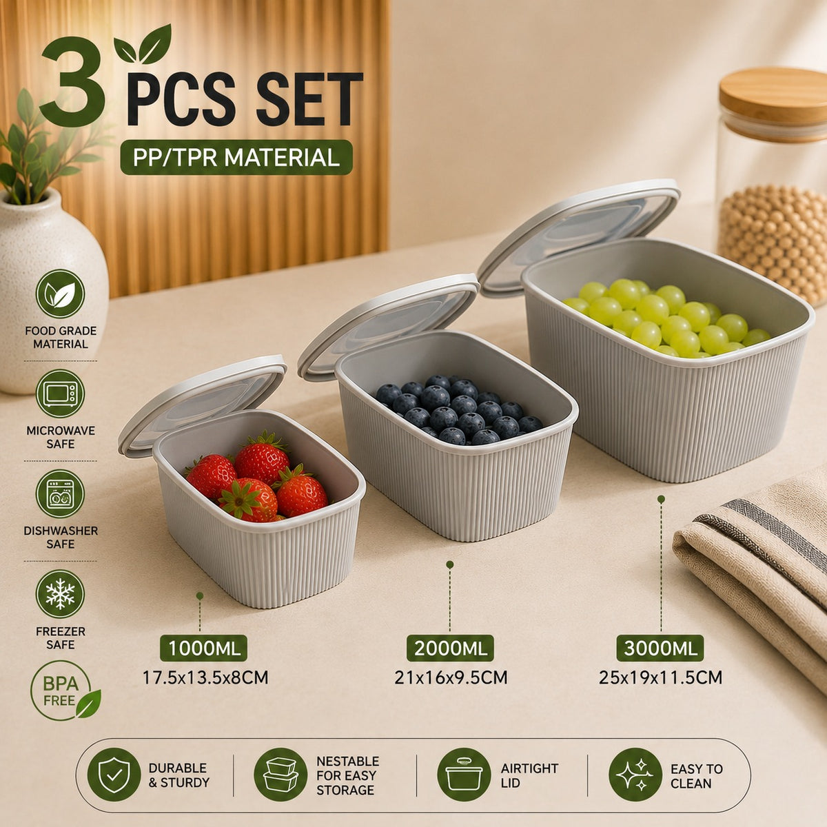 3 Piece Stackable Food Storage Container Set with Transparent Lids PP TPR Kitchen Organizer Boxes