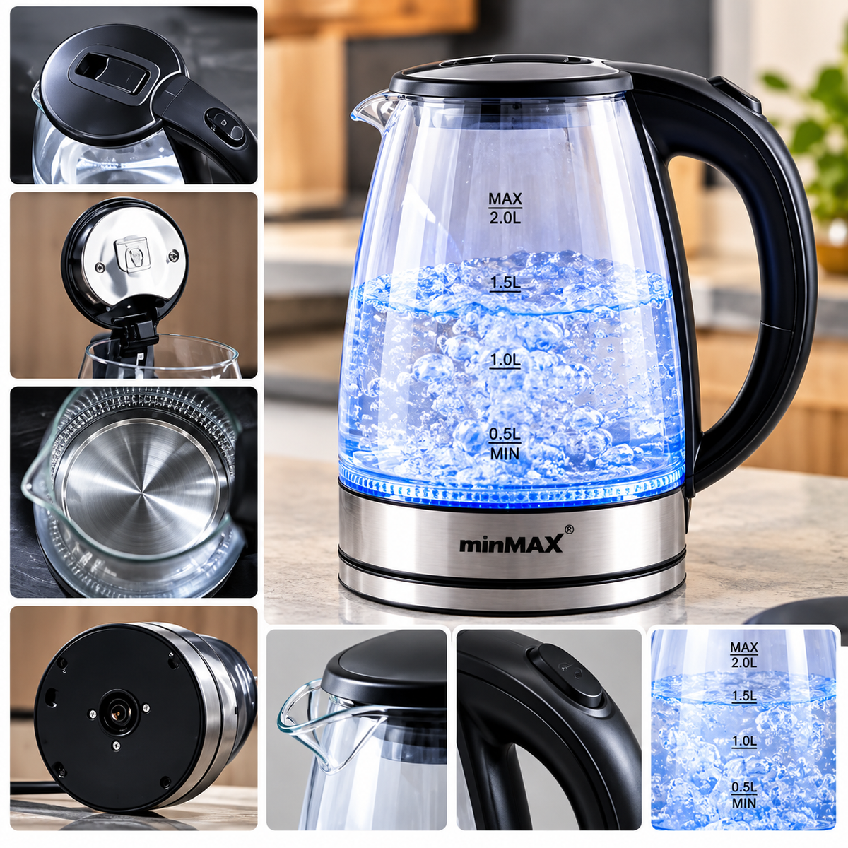 MINMAX 2L Electric Glass Kettle 2000W
