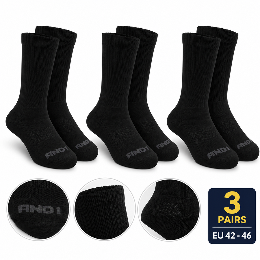 AND1 Men's Crew Socks – Set of 3 Pairs Black