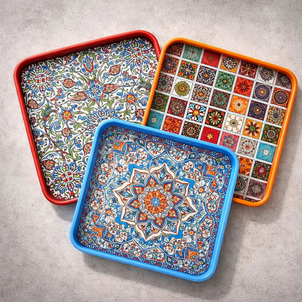Turkish Serving Tray Square Metal Tray Ottoman Mosaic Mandala Design Coffee Tea Serving Tray Decorative Tray Kitchen Tray