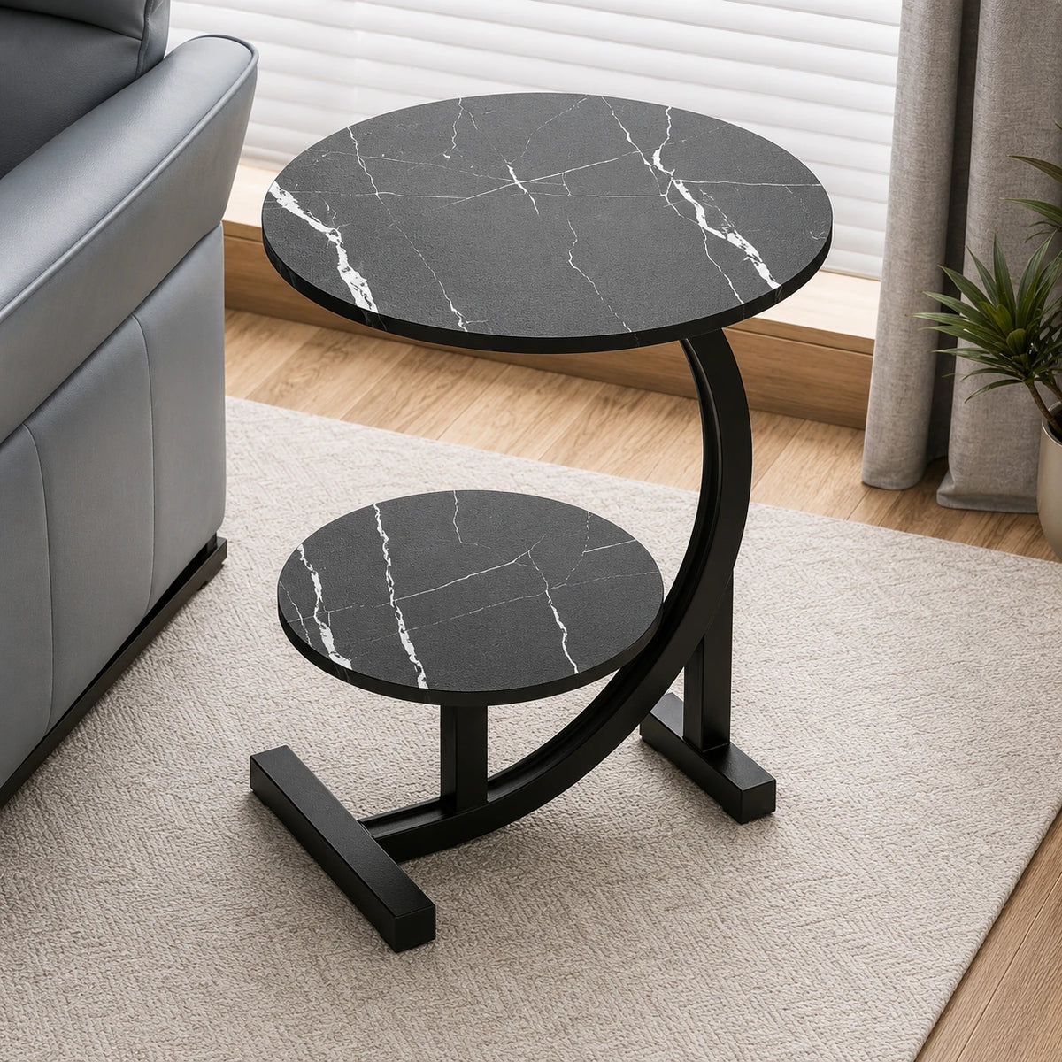 Round 2 Tier C Shaped Side Table Marble Top Sofa Bedside Coffee End Table