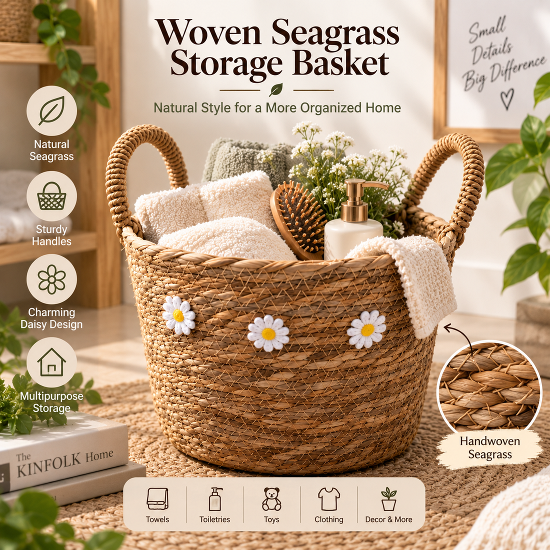 Woven Seagrass Storage Basket with Handles 25 cm