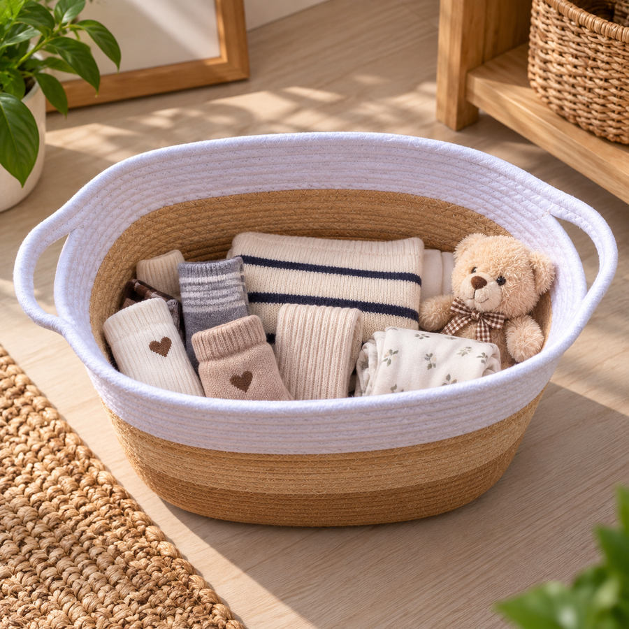 Two Tone Woven Storage Basket with Handles 42 cm