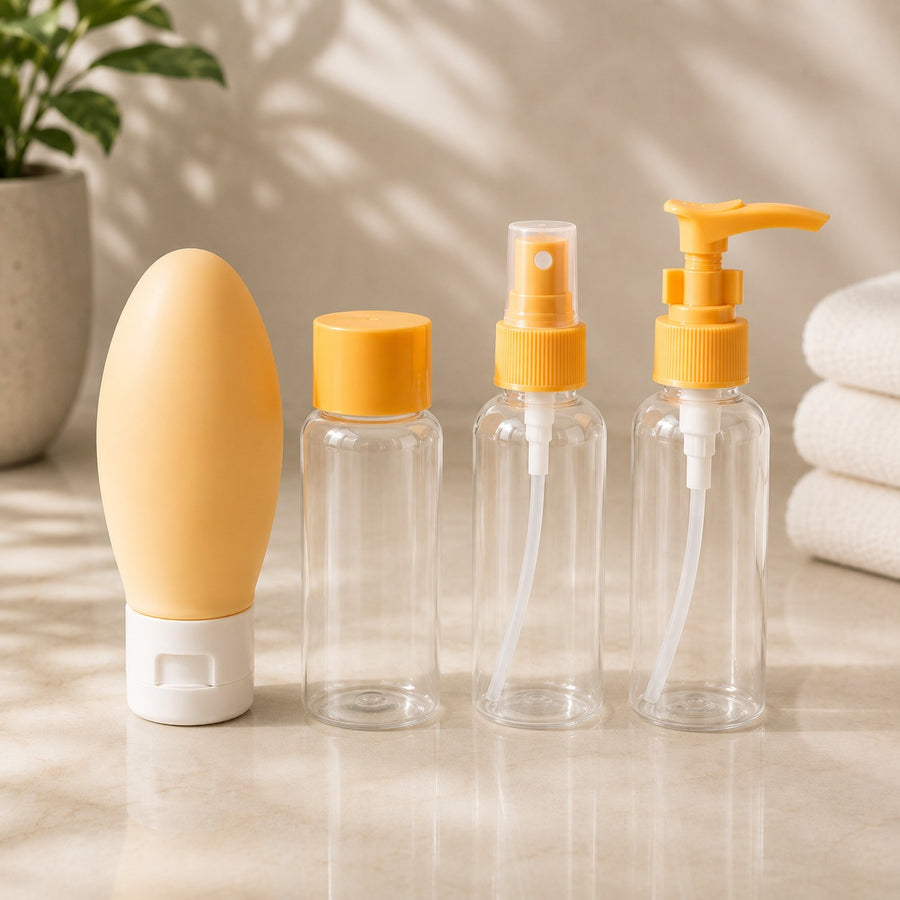 4 Piece Refillable Travel Toiletry Bottle Set with Clear Pouch