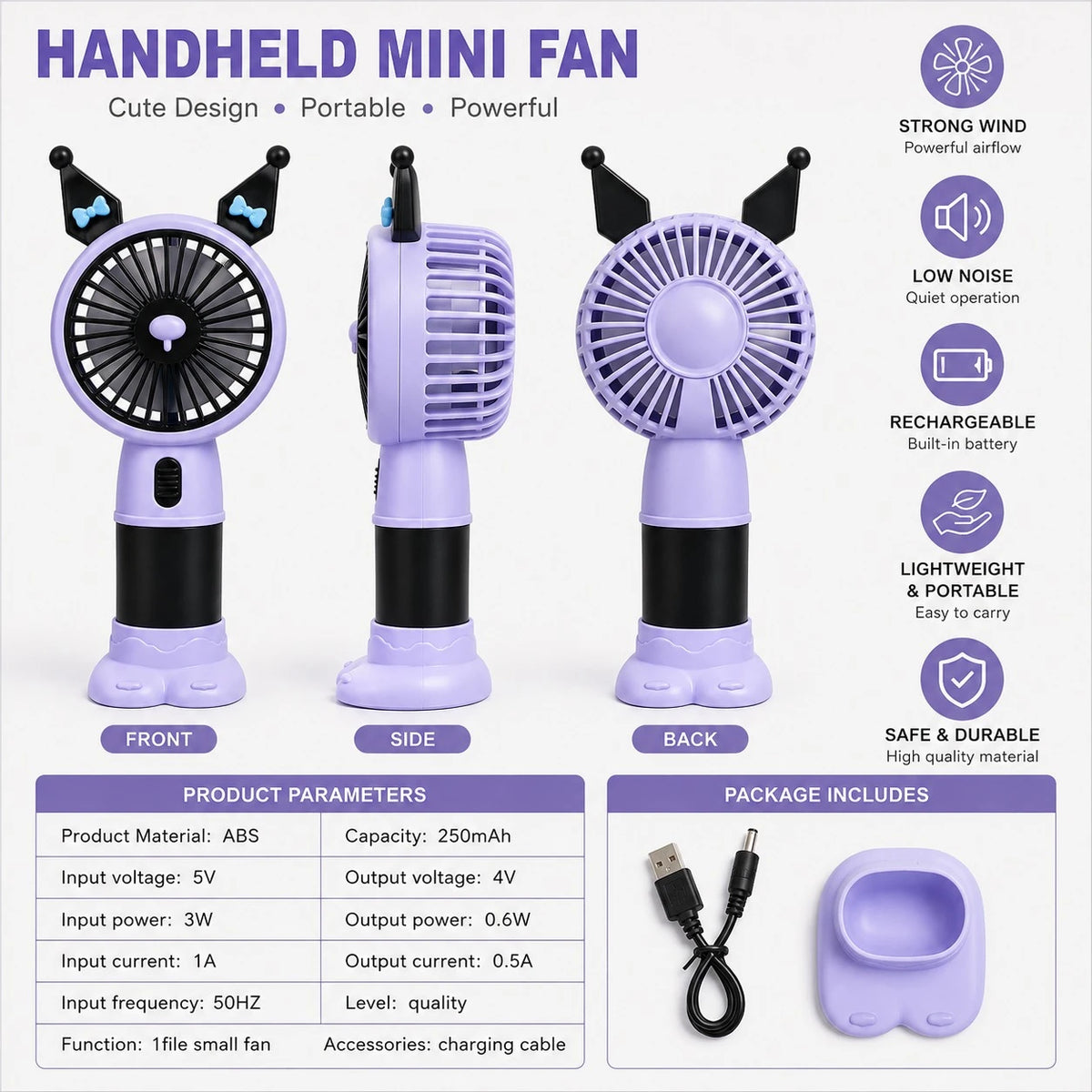 Handheld Mini Fan Portable Rechargeable USB Cooling Fan Cute Cartoon Desk Fan Travel Fan - Image 10