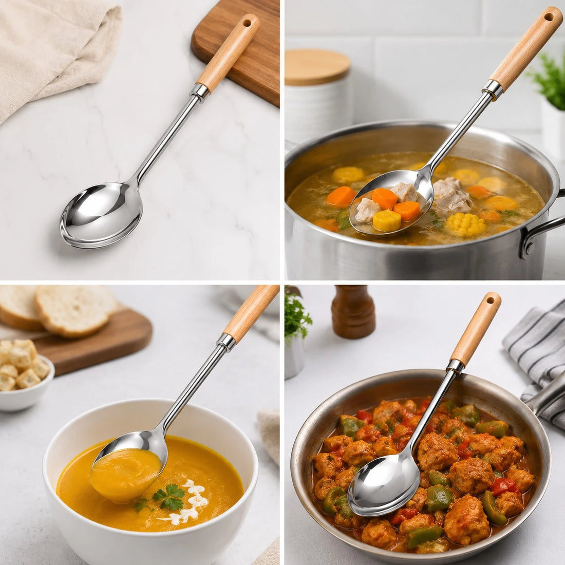 Adawat Stainless Steel Serving Spoon Wooden Handle Kitchen Cooking Spoon Soup Spoon Sauce Spoon Rice Spoon
