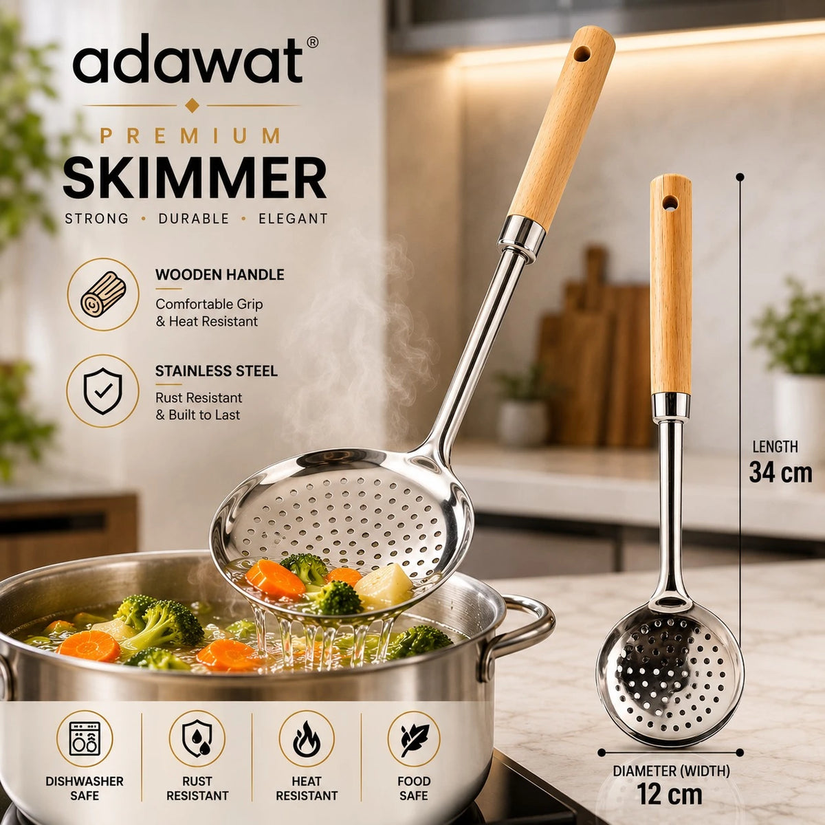 Adawat Stainless Steel Skimmer Wooden Handle Kitchen Strainer Spoon Food Skimmer Frying Spoon Soup Strainer 34 cm