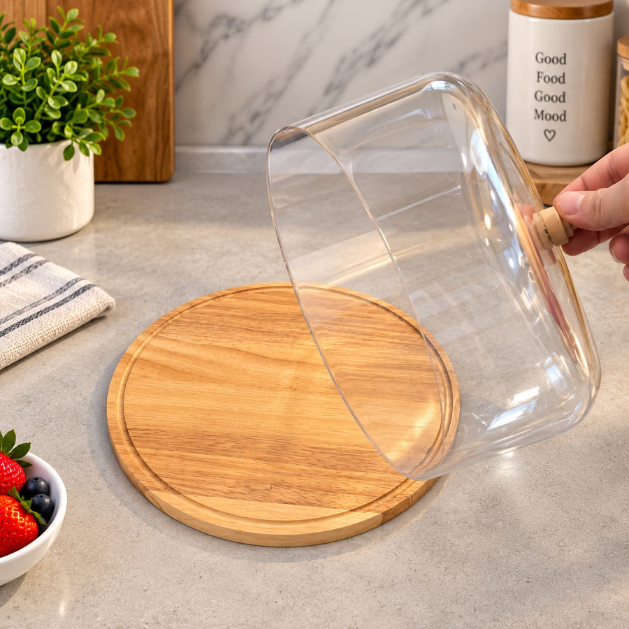 Round Cake & Cheese Serving Board with Clear Acrylic Dome and Rubber Wood Base 26 cm