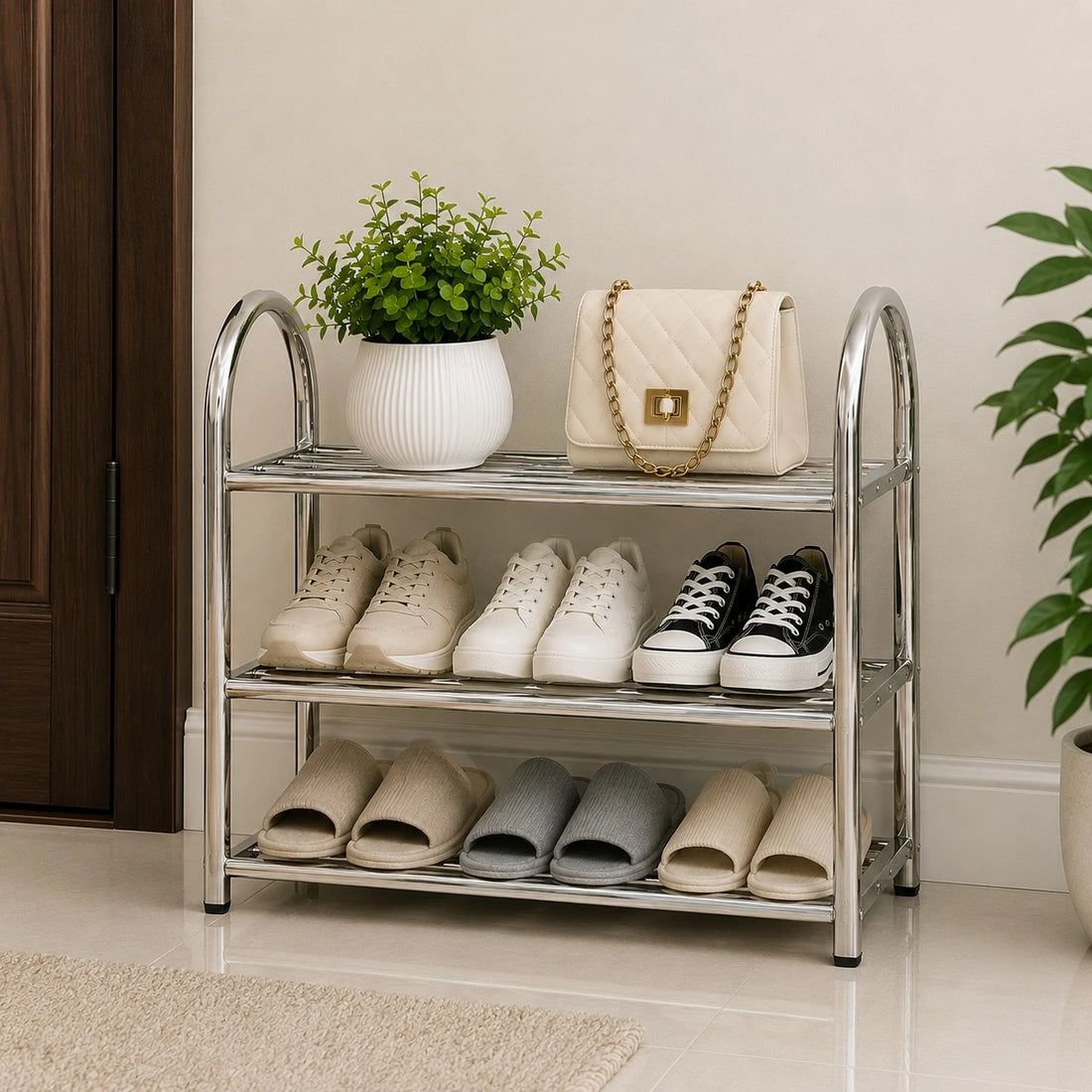 Stainless Steel 3 Tier Shoe Rack Chrome Entryway Organizer Easy Assembly Storage Shelf Stand