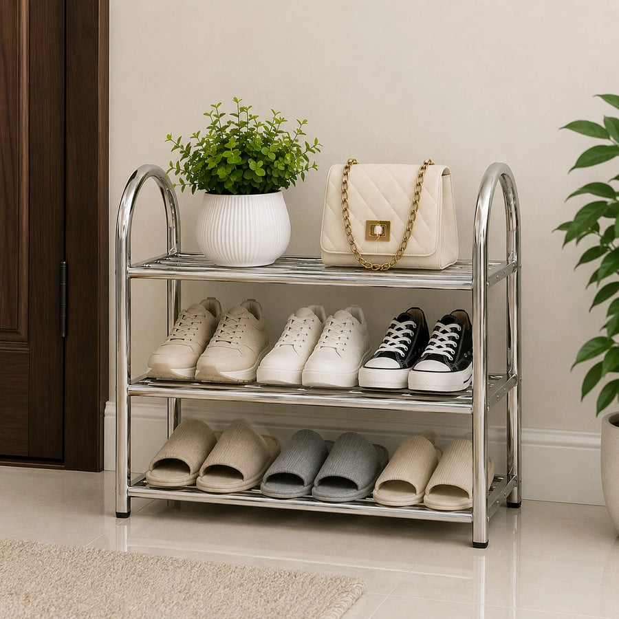 Stainless Steel 3 Tier Shoe Rack Chrome Entryway Organizer Easy Assembly Storage Shelf Stand