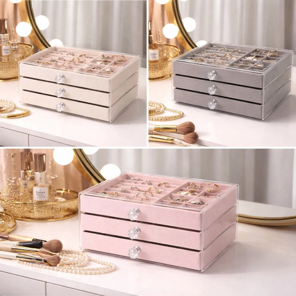 Jewelry Organizer Box Acrylic Storage Case 3 Drawer Makeup Jewelry Storage Display Box Clear Lid - Image 3
