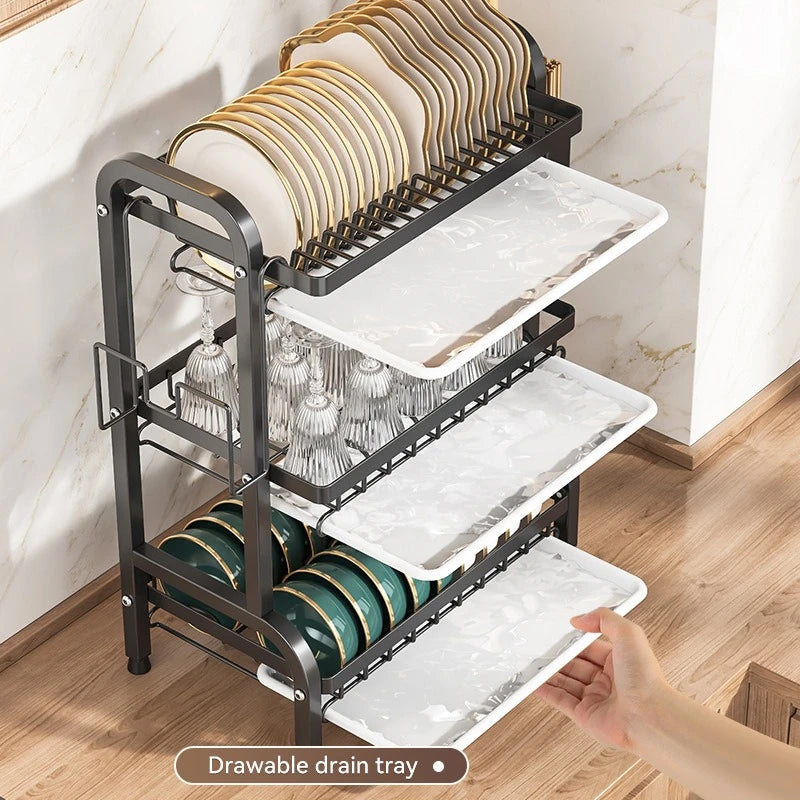 3-Tier Black Dish Drying Rack, Trumpet Model
