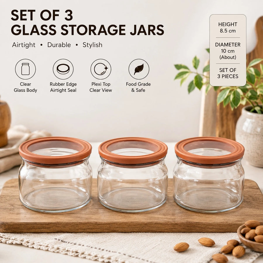 Glass Storage Jar Set Of 3 Airtight 600ML Clear Glass Food Container With Rubber Edge Plexi Top Kitchen Pantry Organizer