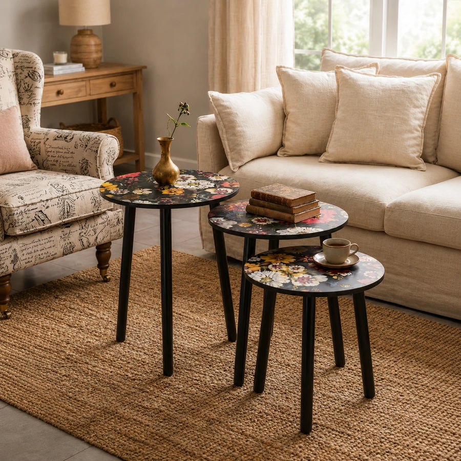 Floral Nesting Side Tables Set of 3 | Round Coffee Tables for Living Room Bedroom & Office