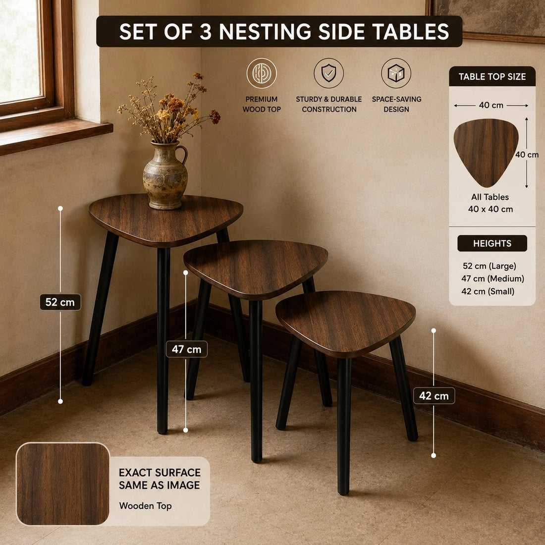 Set of 3 Modern Wooden Side Tables with Aluminum Legs | Nesting Coffee & End Tables